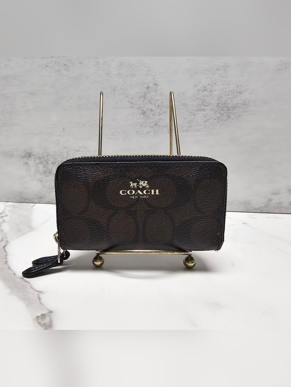 Coach Brown Signature Coated Canvas Double Zip Coin Wallet